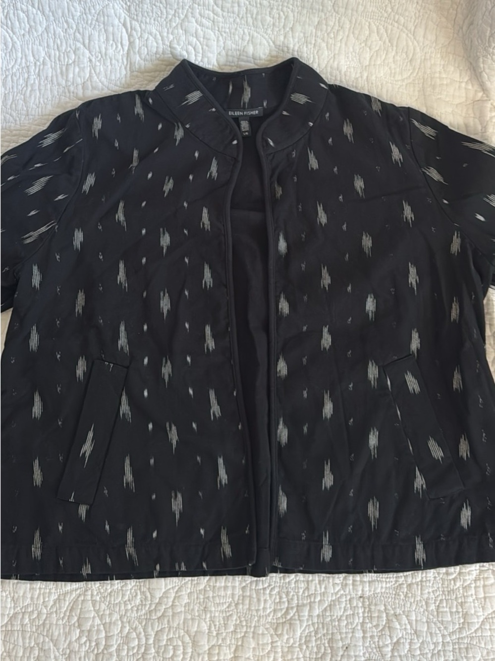 Eileen Fisher Black Jacket with Subtle Gray Ikat Dashes
